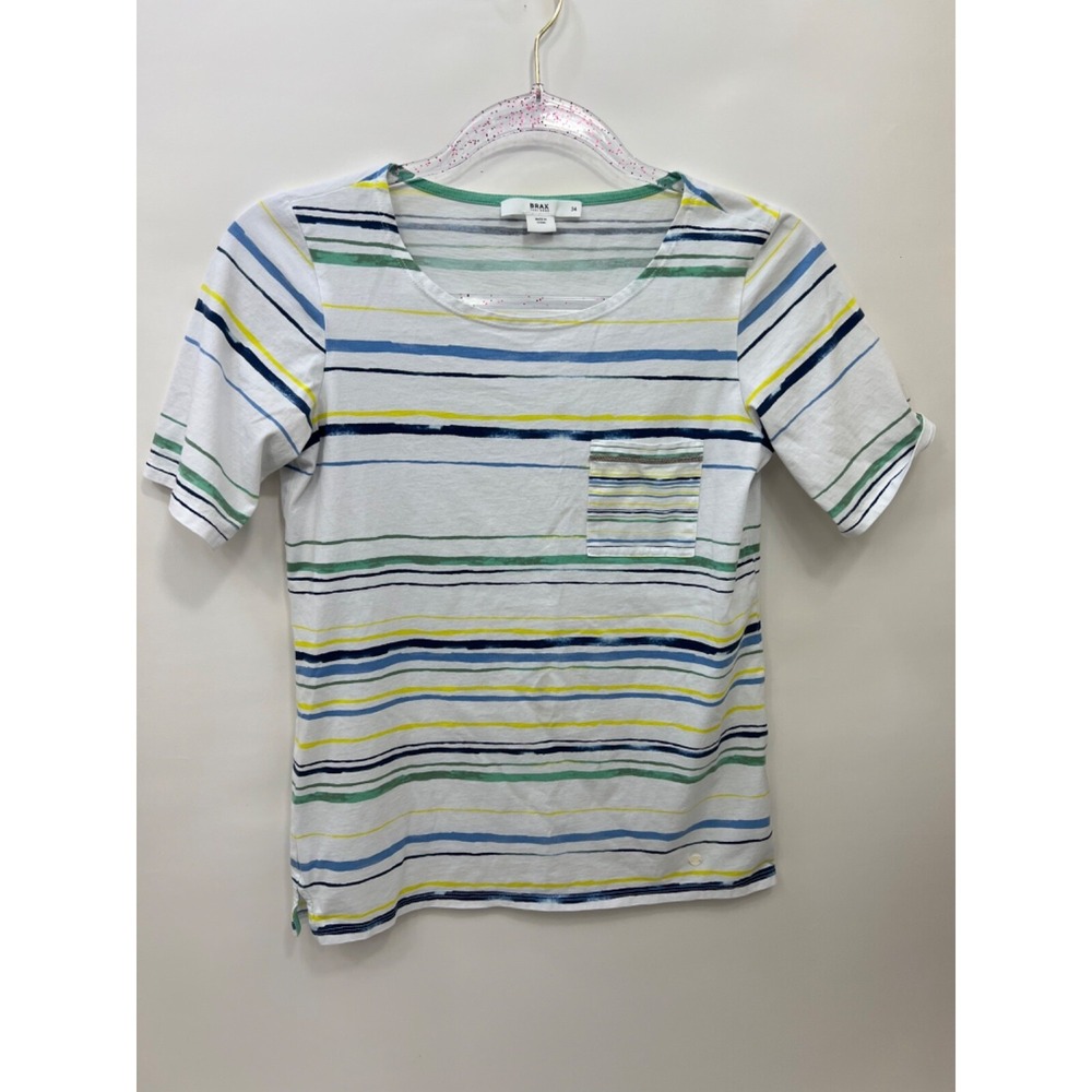 Brax Feel Good White Blue Green Stripes T Top Shirt Womens Sz 34, XS
